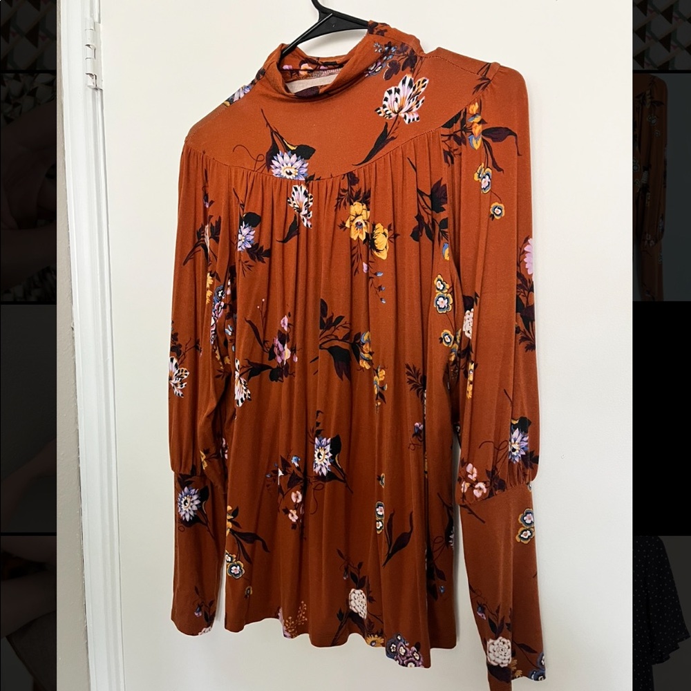 Ann Taylor Burnt Orange & Floral Mock Neck Blouse